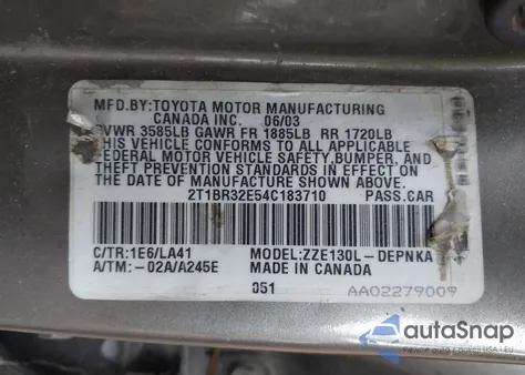 2004 Toyota Corolla Le z USA, uszkodzony, nr VIN 2T1BR32E54C183710